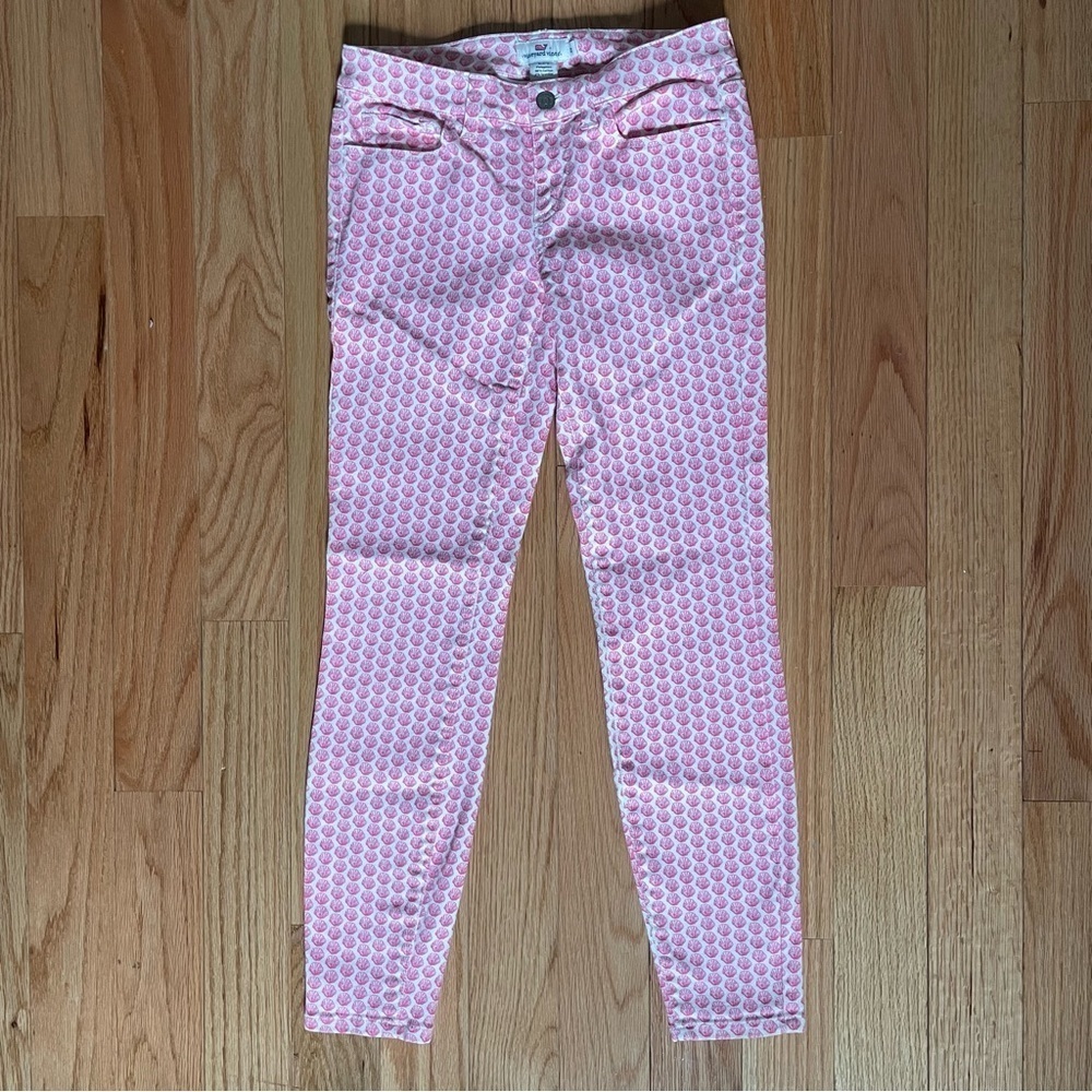 Vineyard Vines Pink Seashell Pattern White Denim Cotton Spandex Jeans Size 0